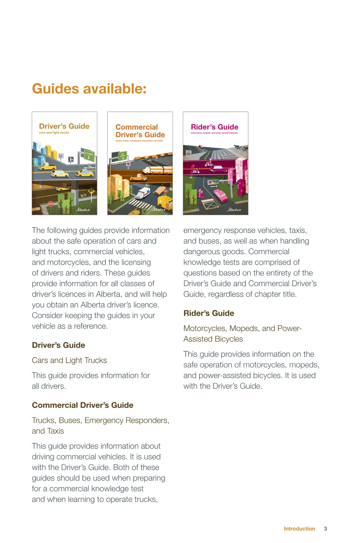 Page 3 of the Alberta Driver’s Guide: Guides available.