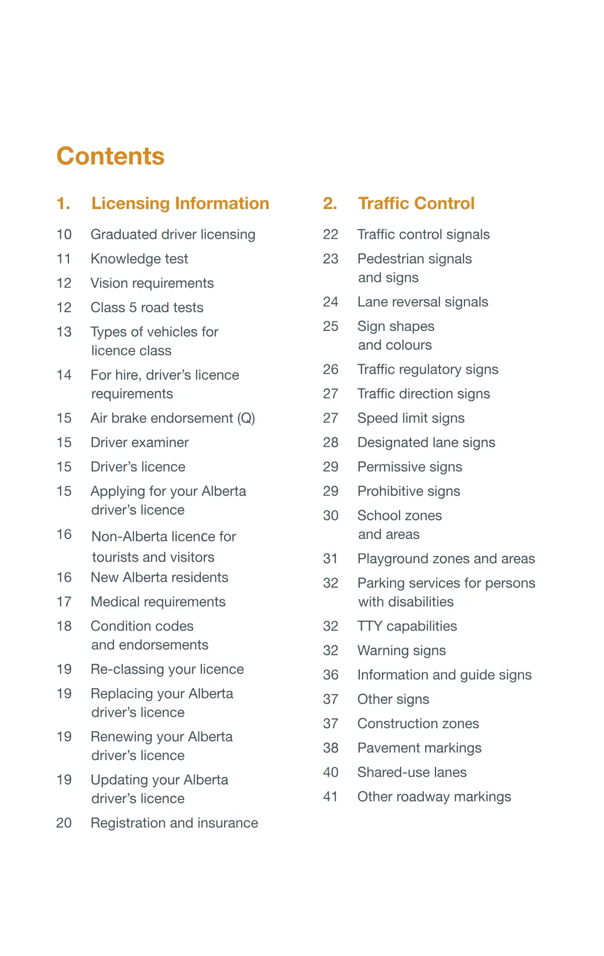 Page 5 of the Alberta Driver’s Guide: Contents.