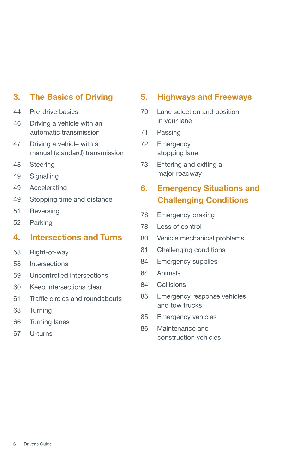 Page 6 of the Alberta Driver’s Guide: Contents.