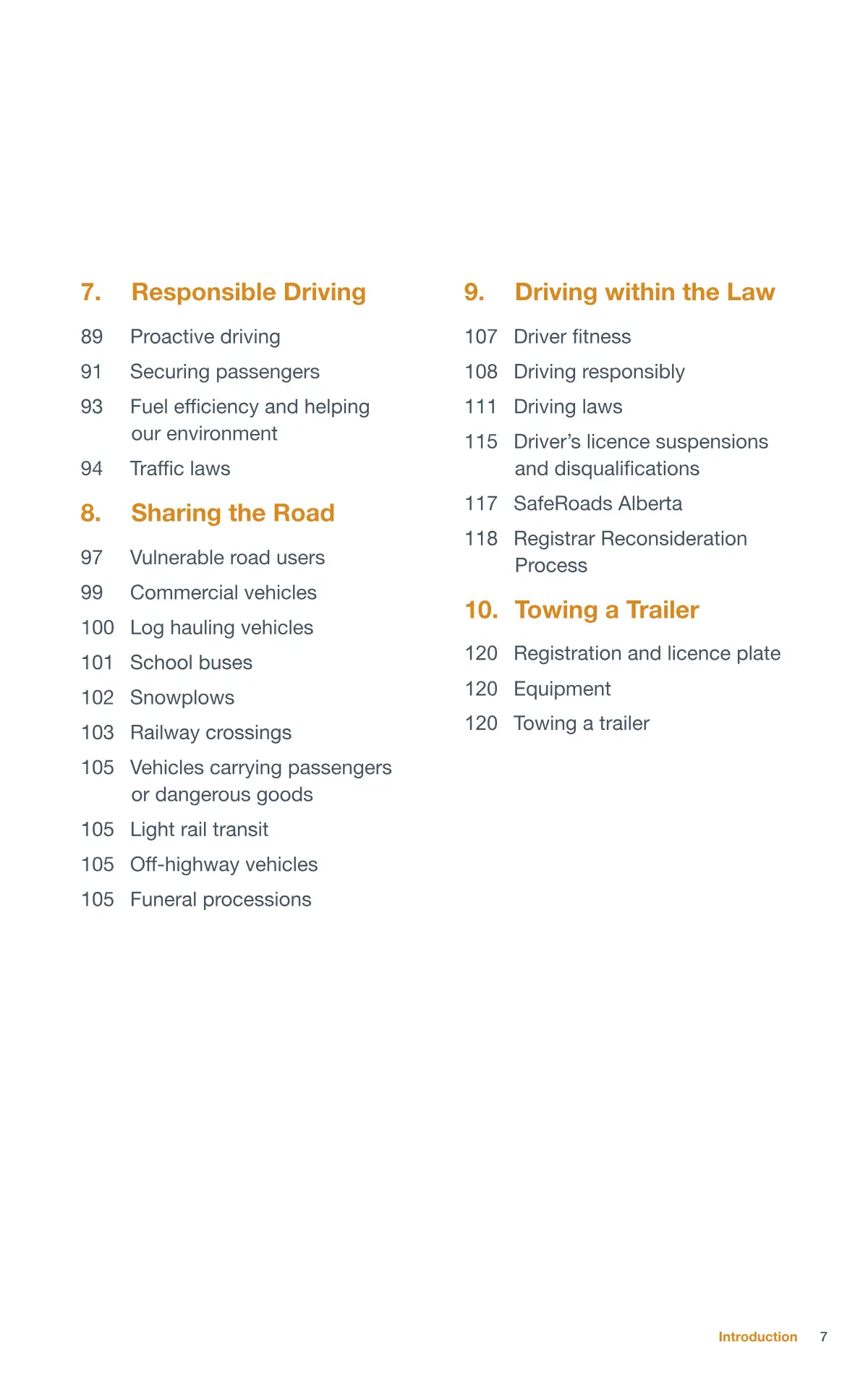 Page 7 of the Alberta Driver’s Guide: Contents.
