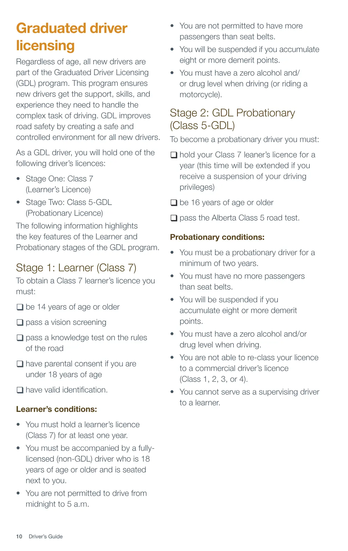 Page 10 of the Alberta Driver’s Guide: Graduated driver licensing; Stage 1: Learner (Class 7); Stage 2: GDL Probationary (Class 5-GDL).