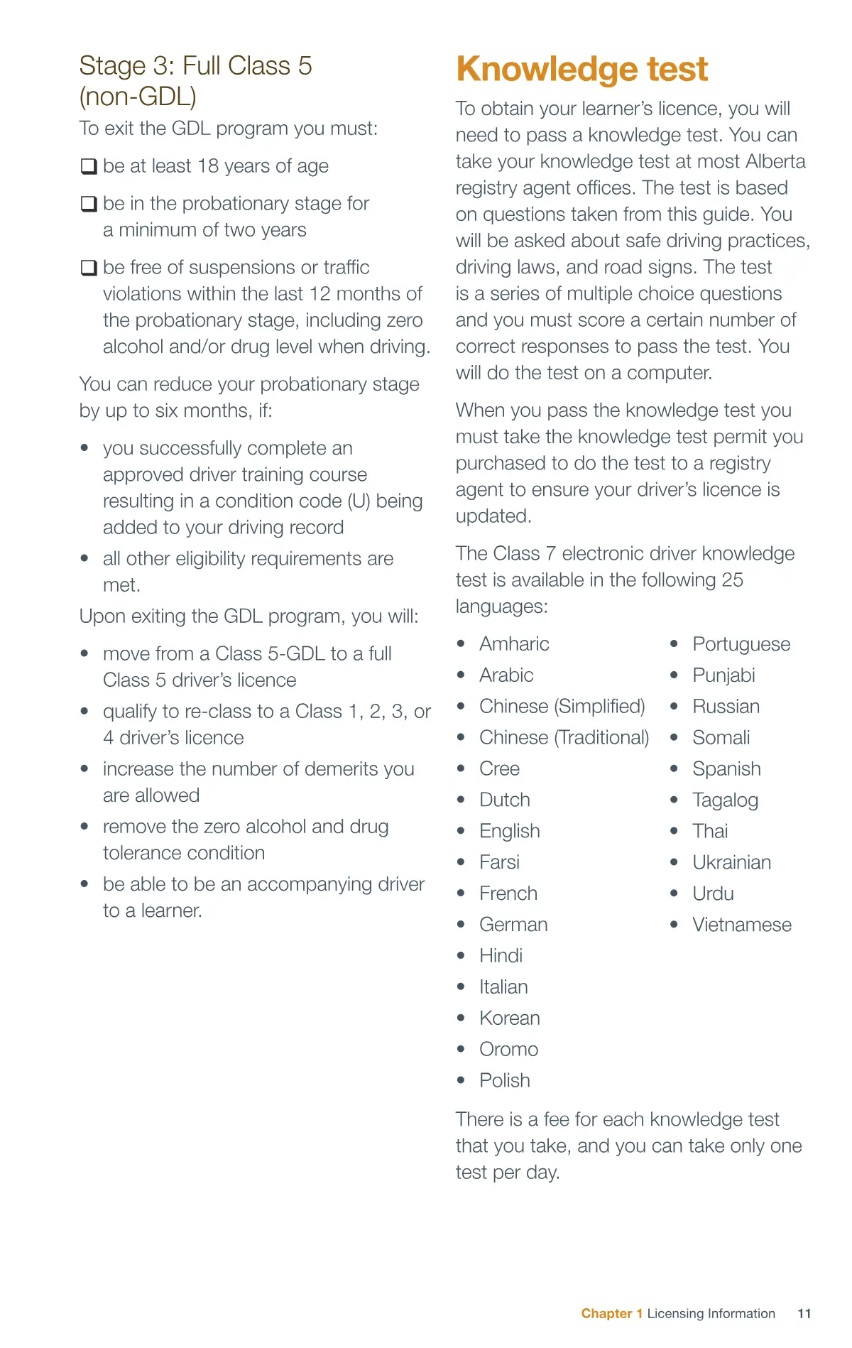 Page 11 of the Alberta Driver’s Guide: Stage 3: Full Class 5 (non-GDL); Knowledge test.