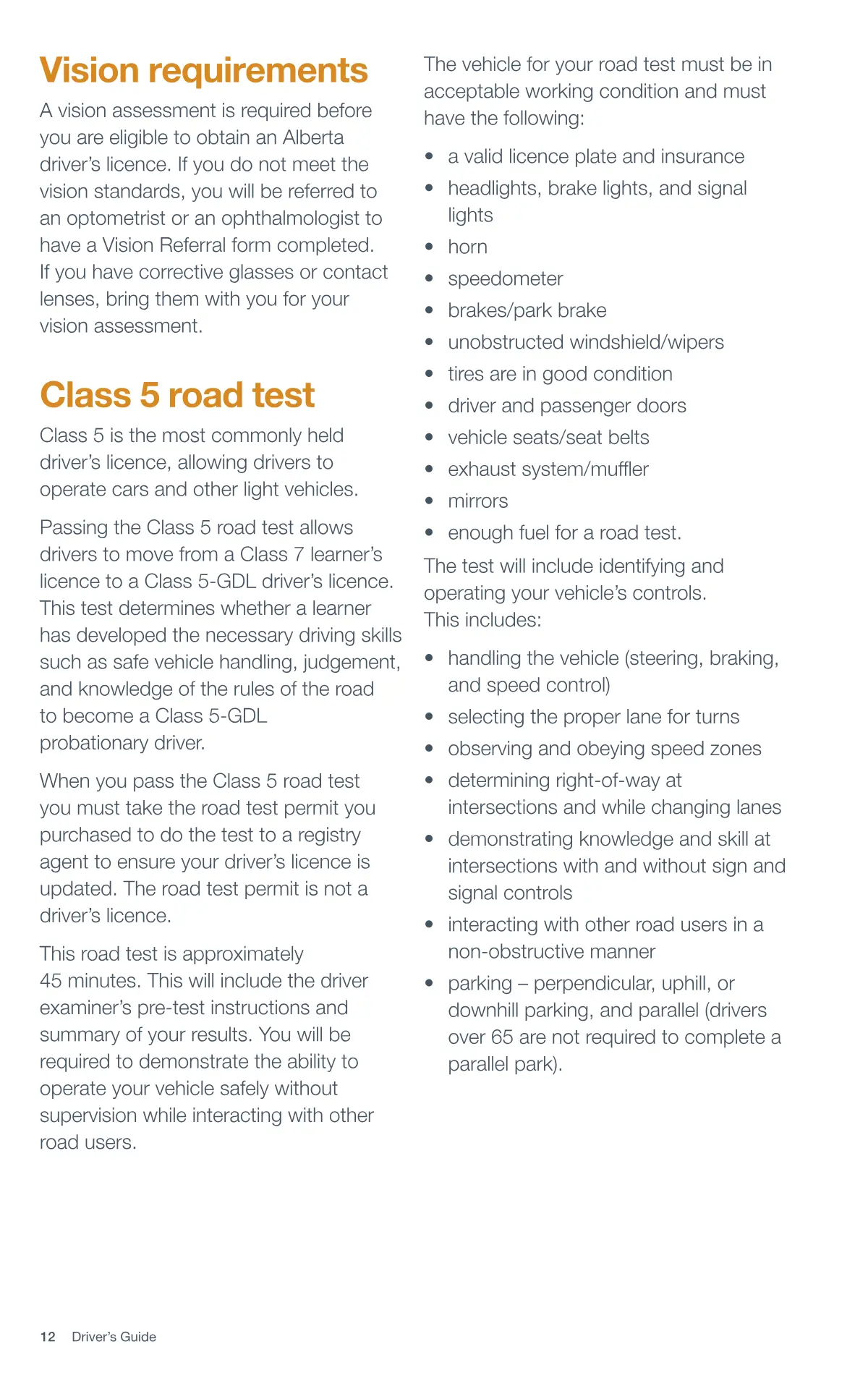 Page 12 of the Alberta Driver’s Guide: Vision requirements; Class 5 road test.