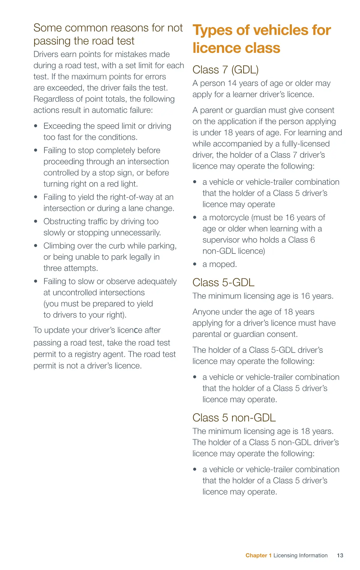 Page 13 of the Alberta Driver’s Guide: Some common reasons for not passing the road test; Types of vehicles for licence class; Class 7 (GDL); Class 5-GDL; Class 5 non-GDL.