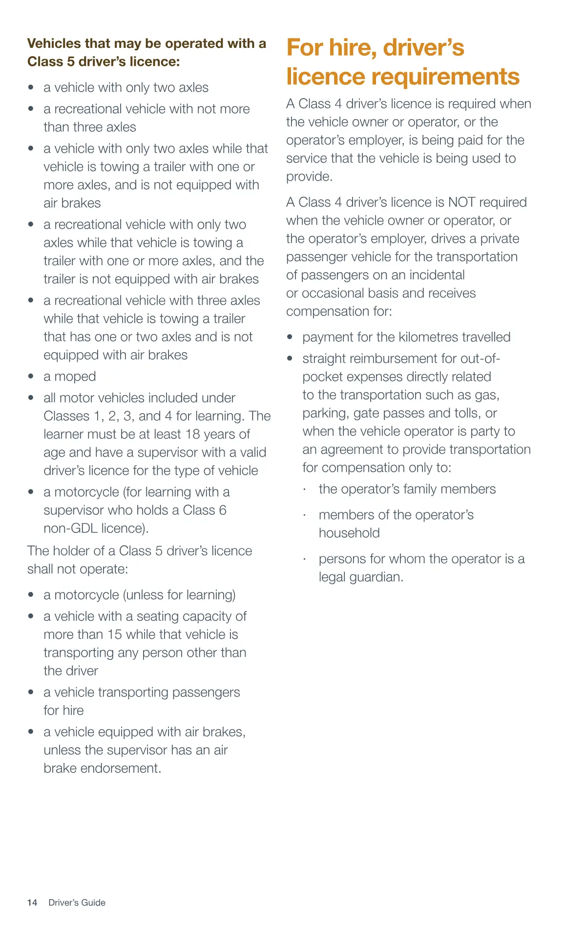 Page 14 of the Alberta Driver’s Guide: Class 5 non-GDL; For hire, driver’s licence requirements.