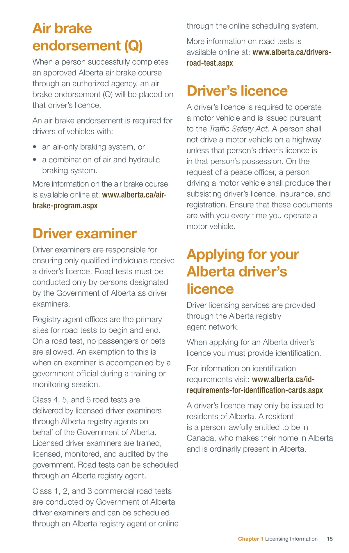 Page 15 of the Alberta Driver’s Guide: Air brake endorsement (Q); Driver examiner; Driver’s licence; Applying for your Alberta driver’s licence.