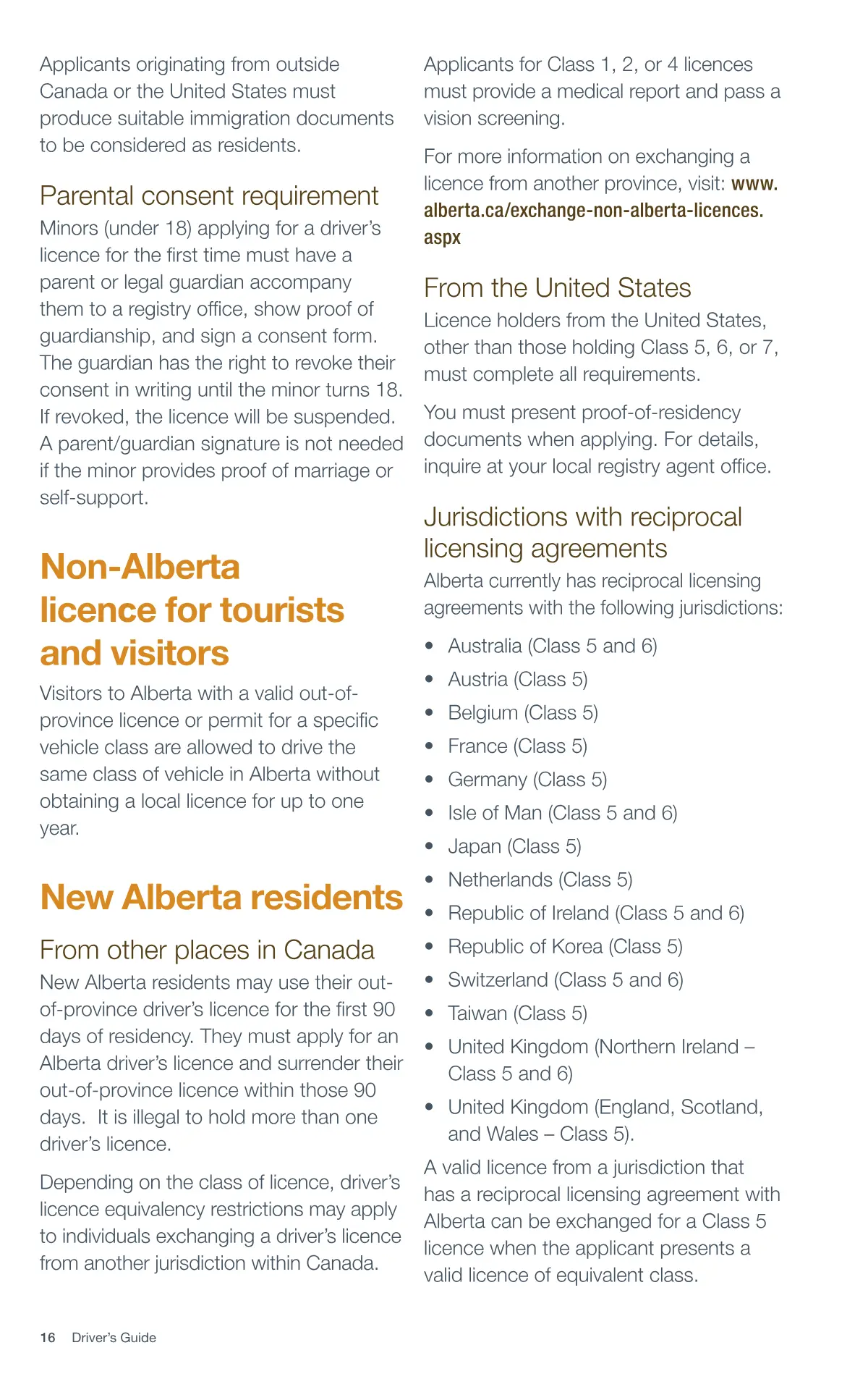 Page 16 of the Alberta Driver’s Guide: Applying for your Alberta driver’s licence; Parental consent requirement; Non-Alberta licence for tourists; and visitors; New Alberta residents; From other places in Canada; From the United States; Jurisdictions with reciprocal licensing agreements.