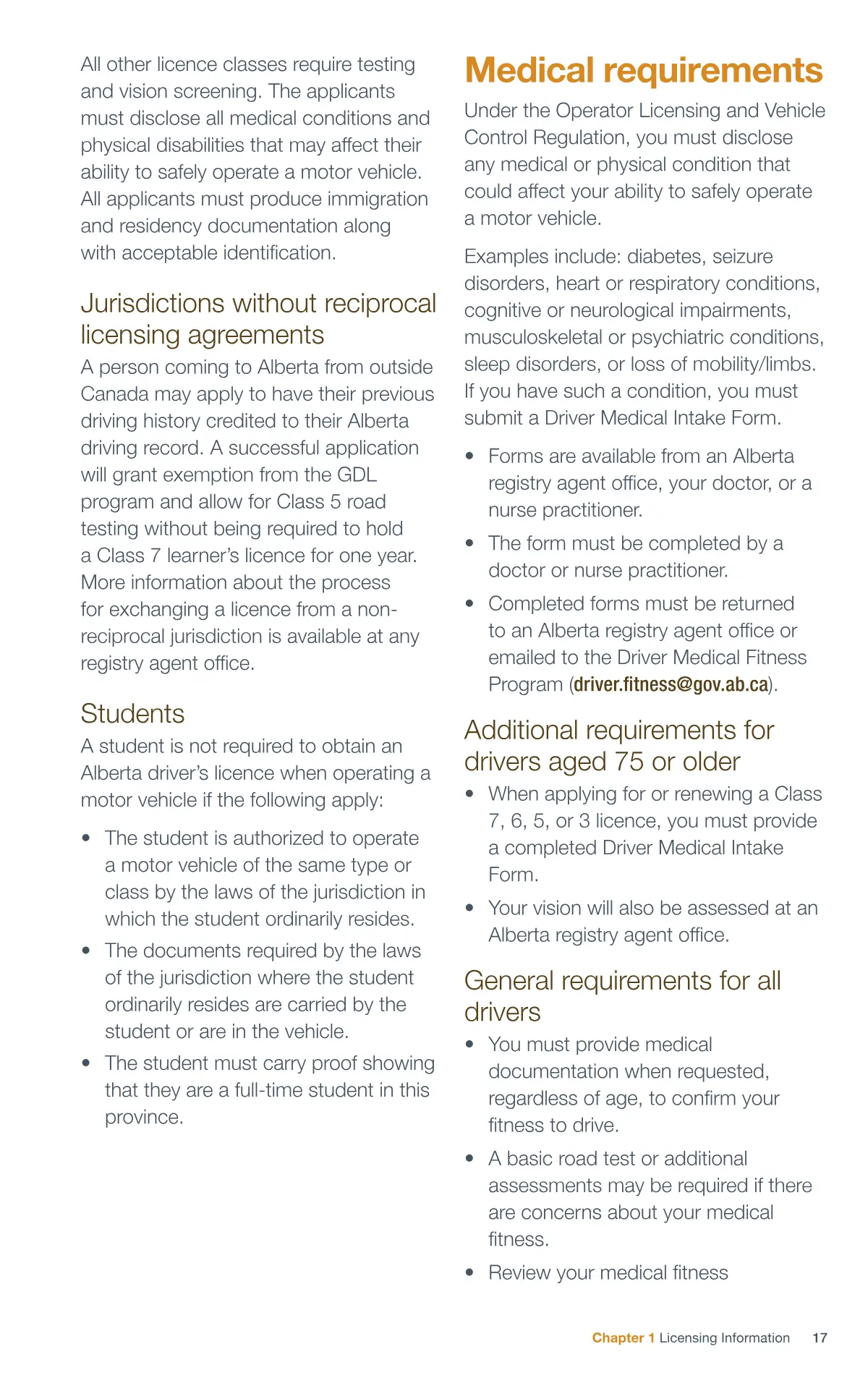 Page 17 of the Alberta Driver’s Guide: Jurisdictions with reciprocal licensing agreements; Jurisdictions without reciprocal licensing agreements; Students; Medical requirements; Additional requirements for drivers aged 75 or older; General requirements for all drivers.