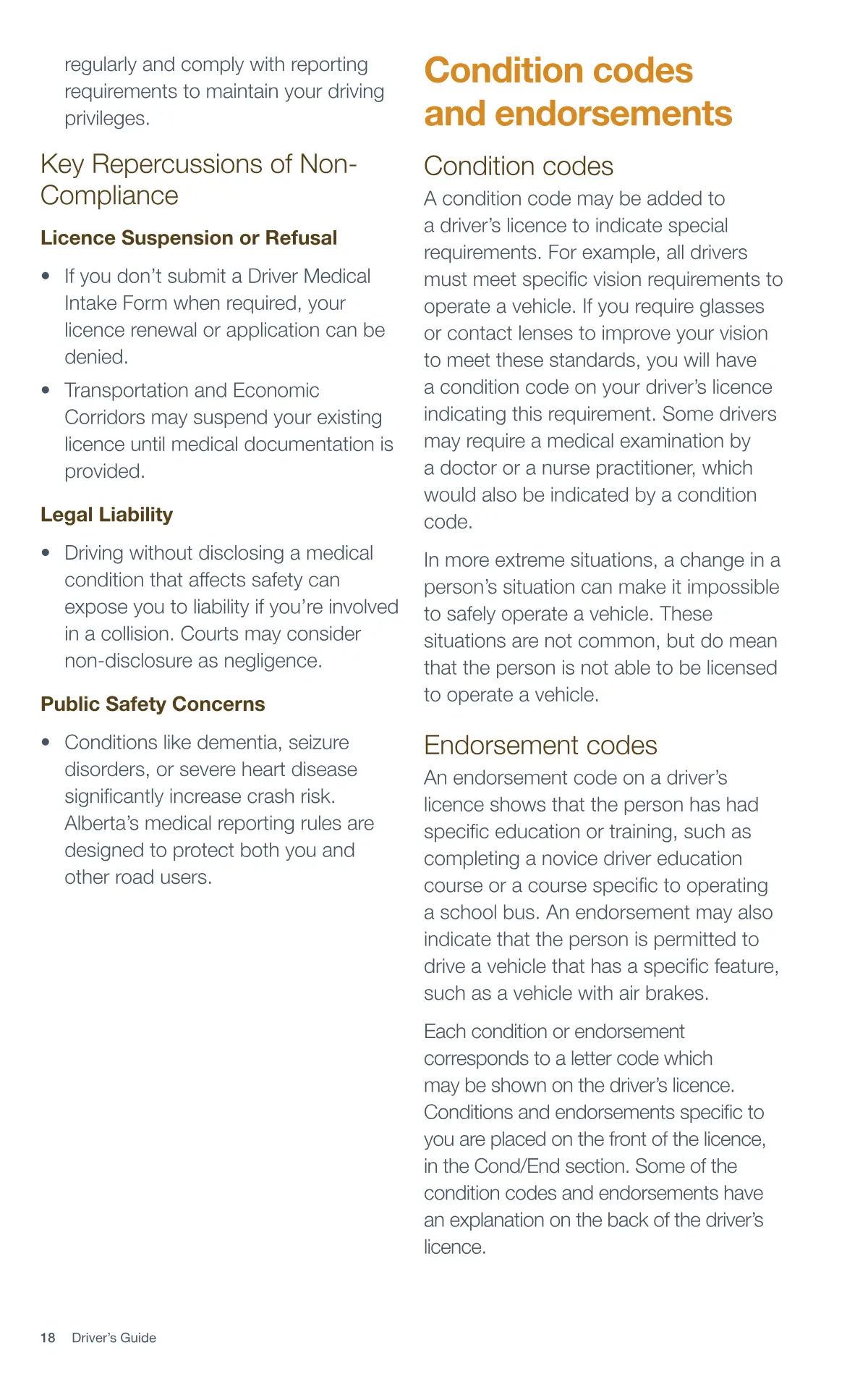 Page 18 of the Alberta Driver’s Guide: General requirements for all drivers; Key Repercussions of Non- Compliance; Condition codes and endorsements; Condition codes; Endorsement codes.
