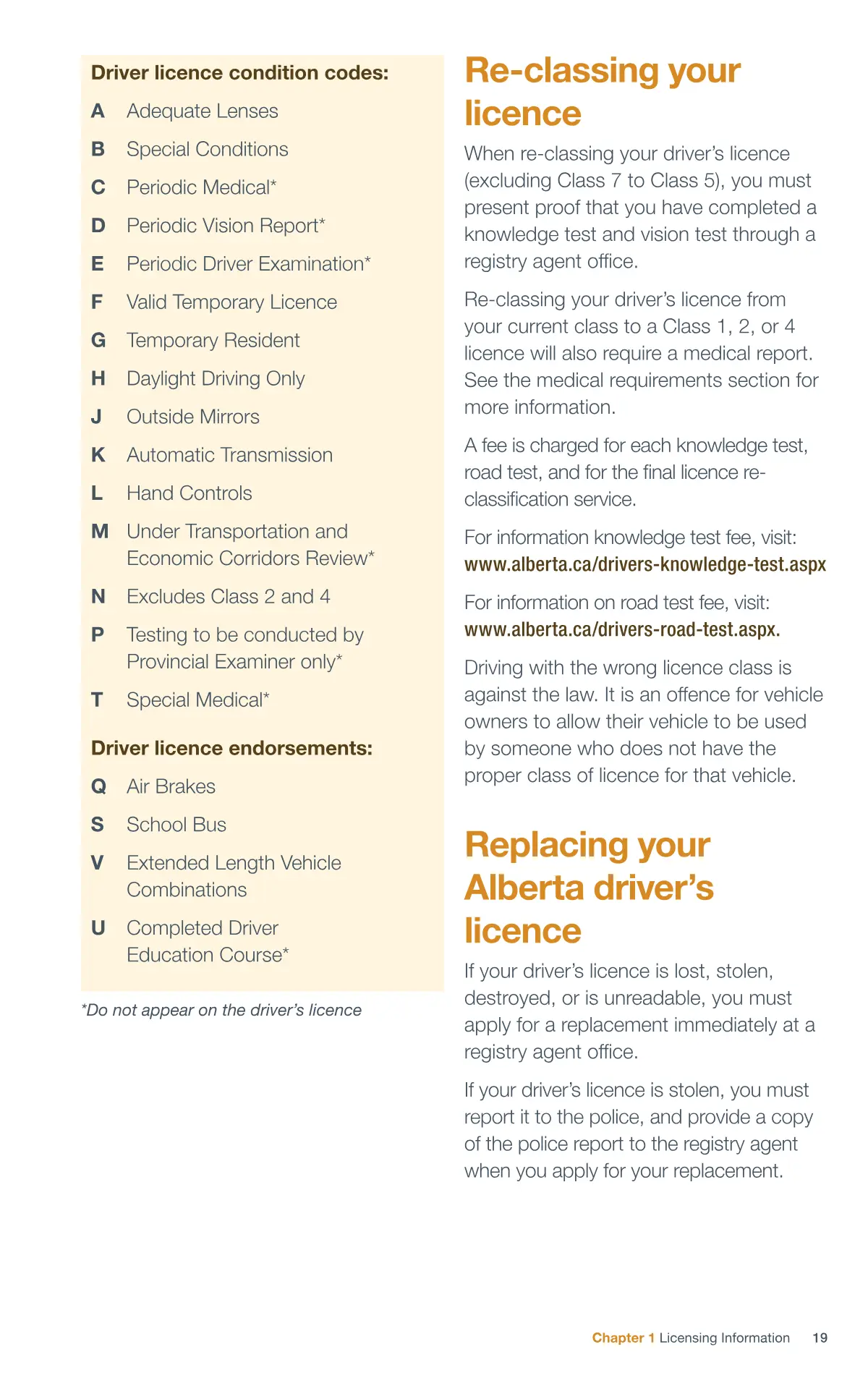 Page 19 of the Alberta Driver’s Guide: Endorsement codes; Re-classing your licence; Replacing your Alberta driver’s licence.