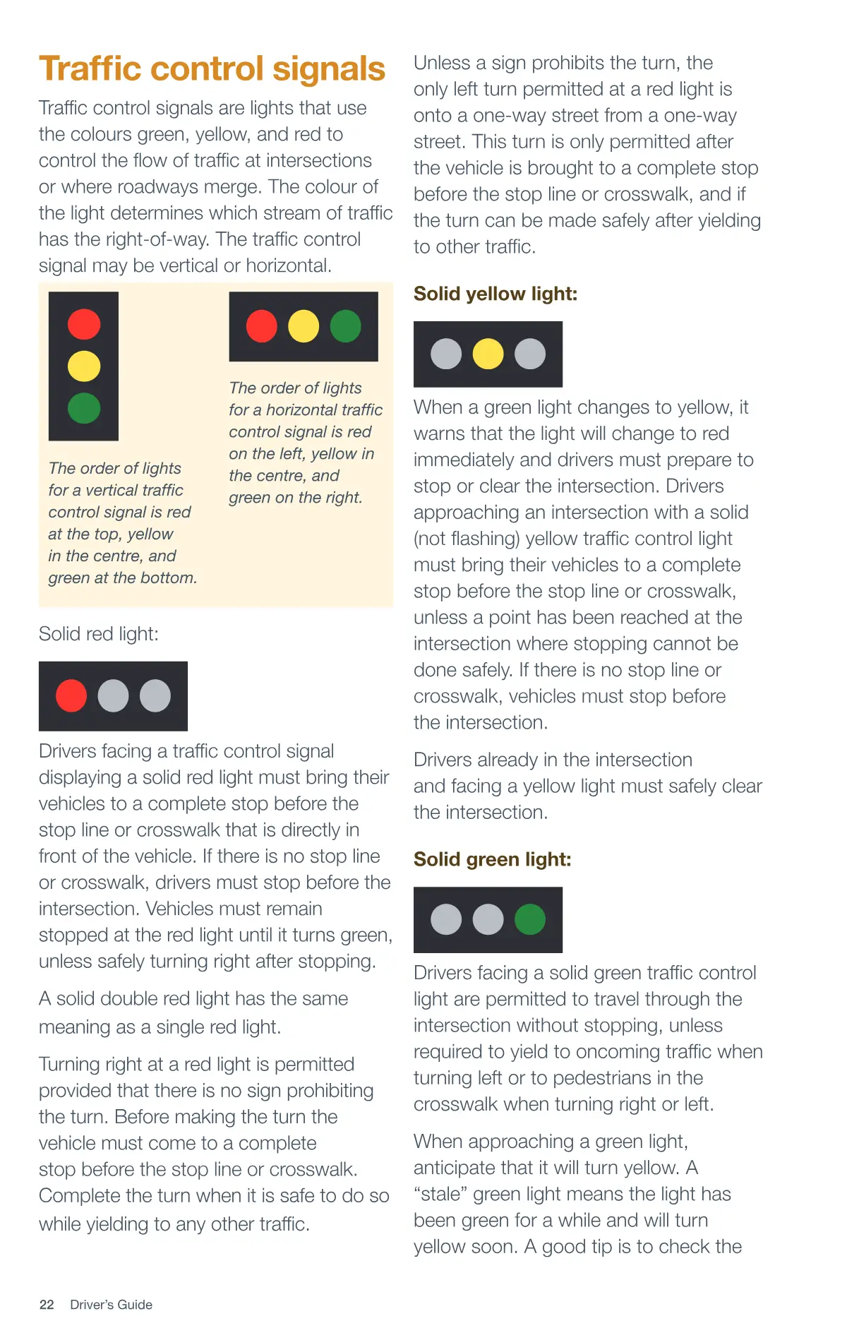 Page 22 of the Alberta Driver’s Guide: Traffic control signals.