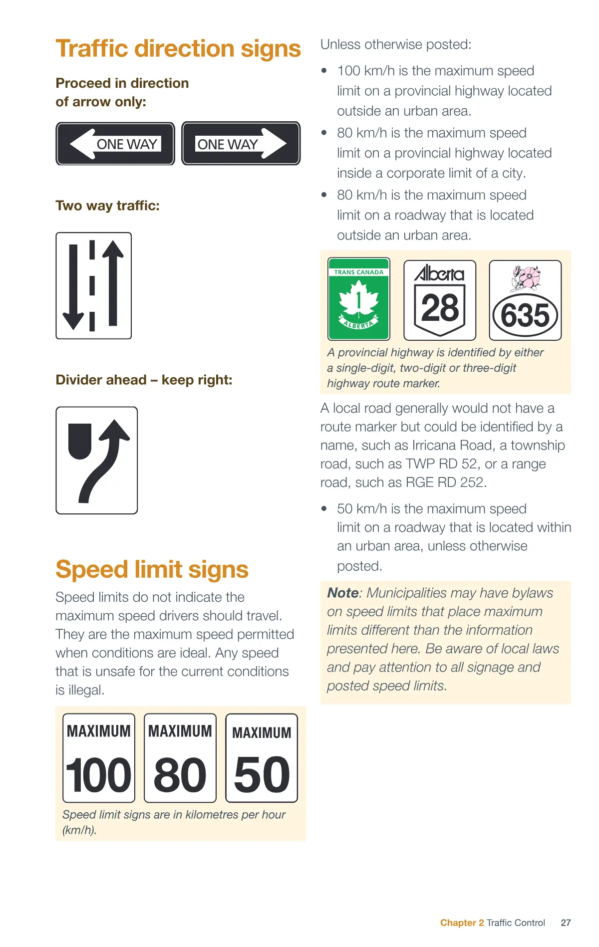 Page 27 of the Alberta Driver’s Guide: Traffic direction signs; Speed limit signs.