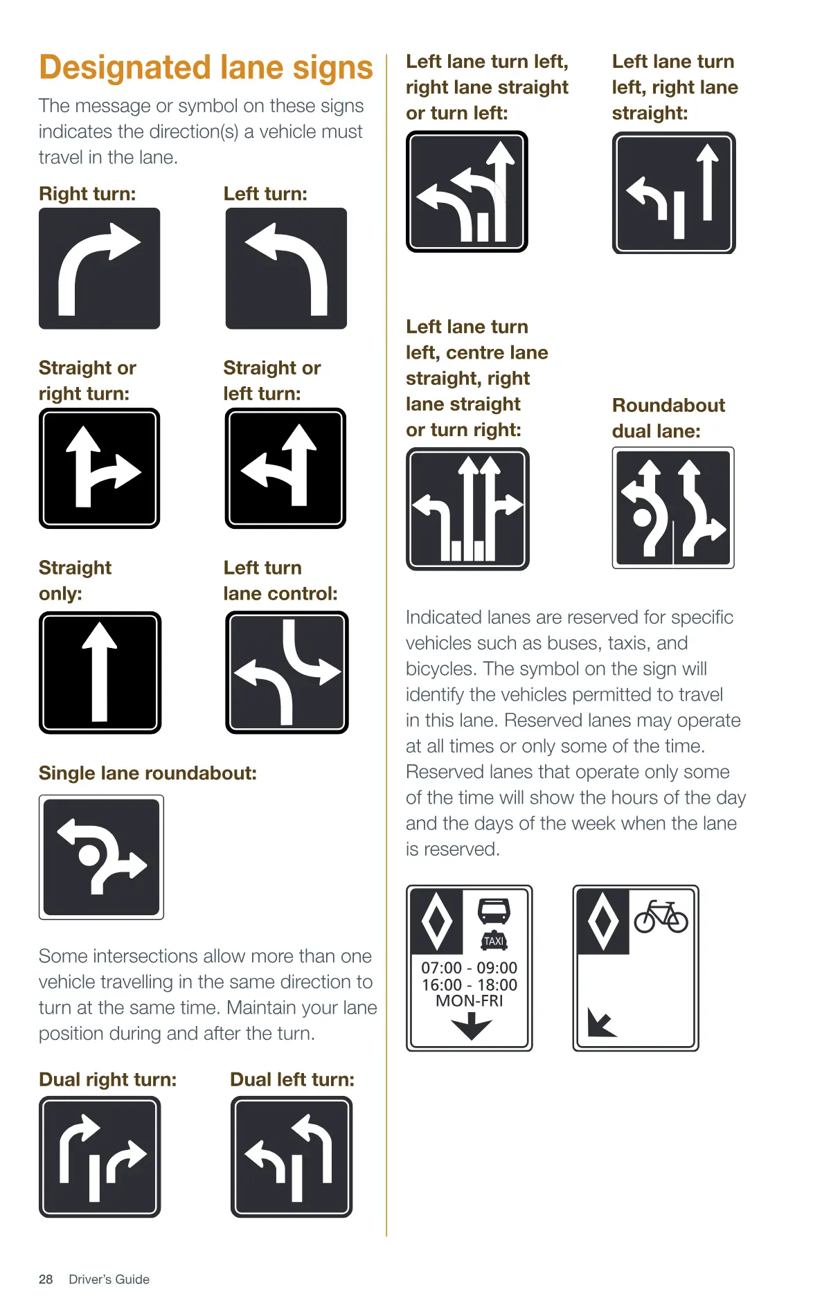 Page 28 of the Alberta Driver’s Guide: Designated lane signs.