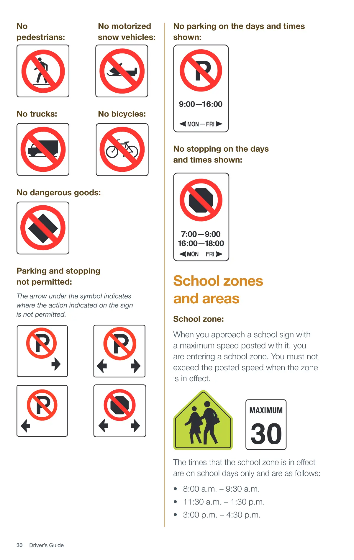 Page 30 of the Alberta Driver’s Guide: Prohibitive signs; School zones and areas.