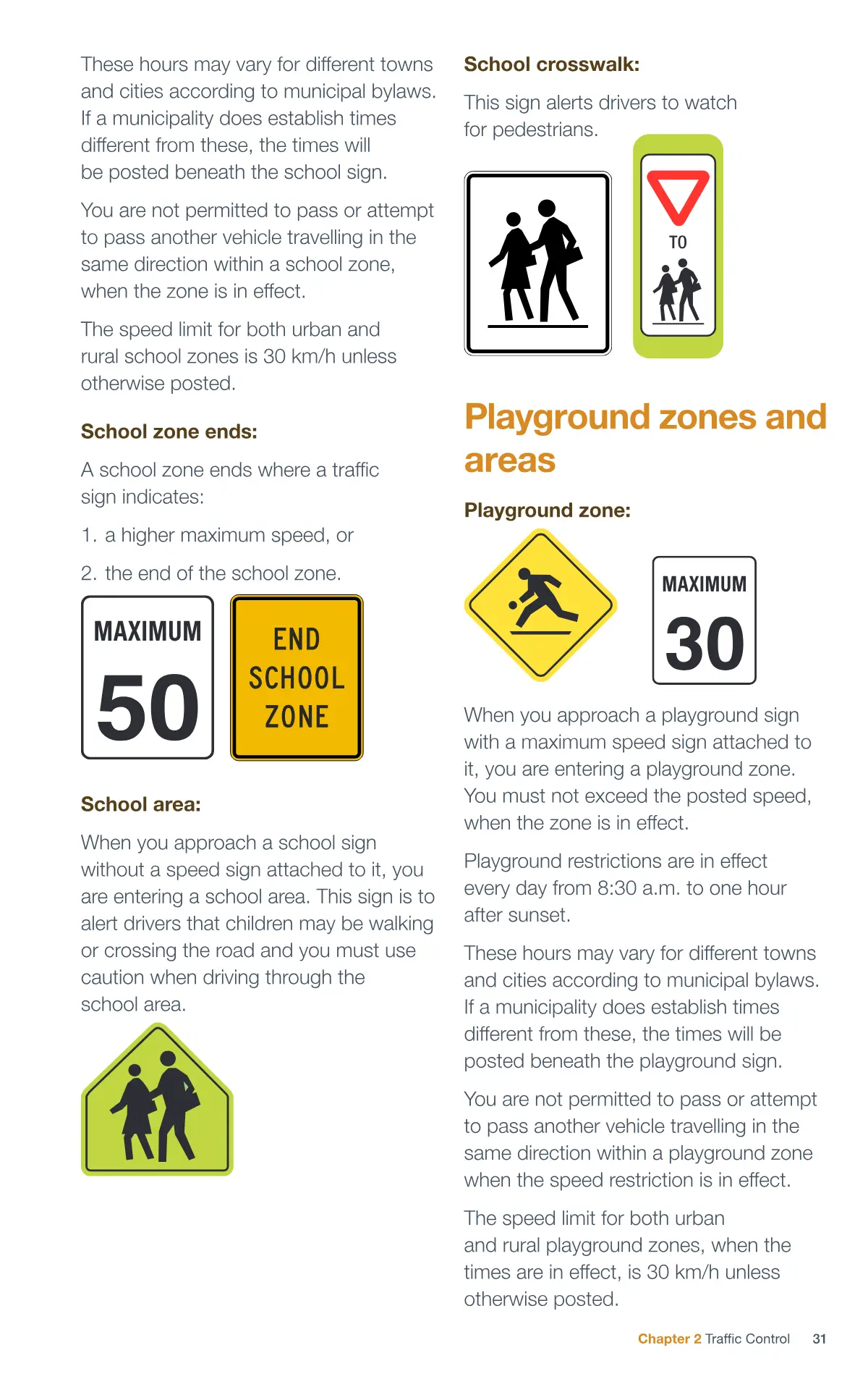 Page 31 of the Alberta Driver’s Guide: School zones and areas; Playground zones and areas.
