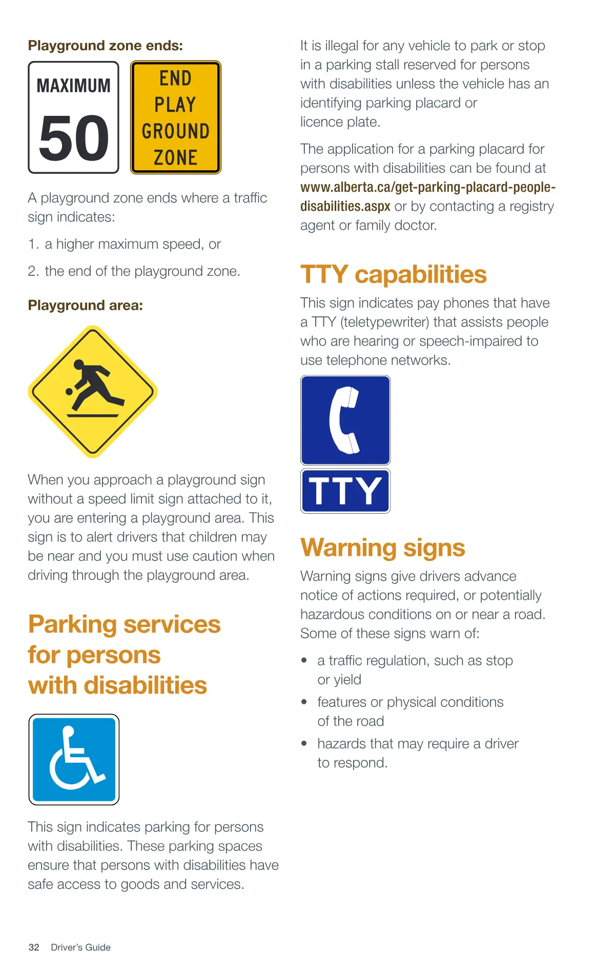 Page 32 of the Alberta Driver’s Guide: Playground zones and areas; Parking services for persons with disabilities; TTY capabilities; Warning signs.
