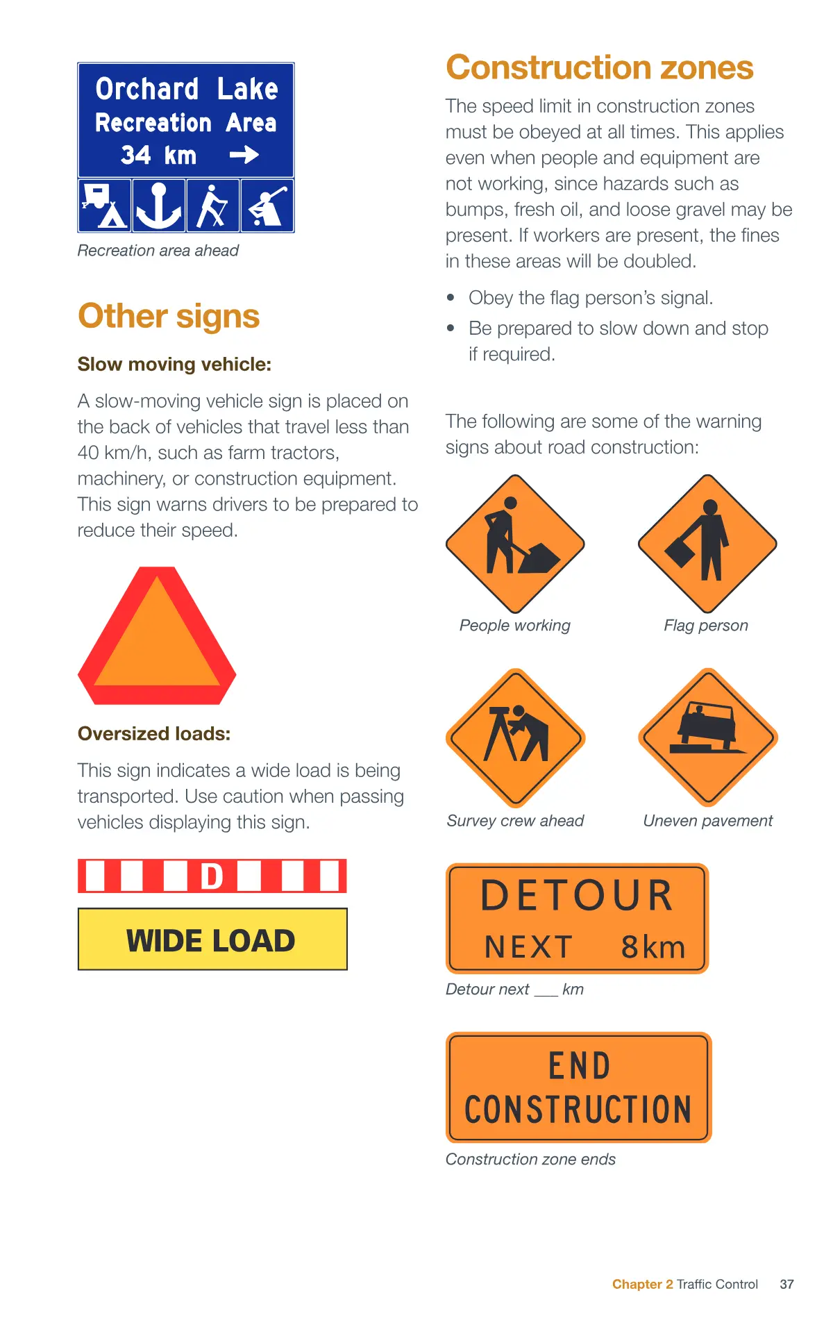 Page 37 of the Alberta Driver’s Guide: Information and guide signs; Other signs; Construction zones.