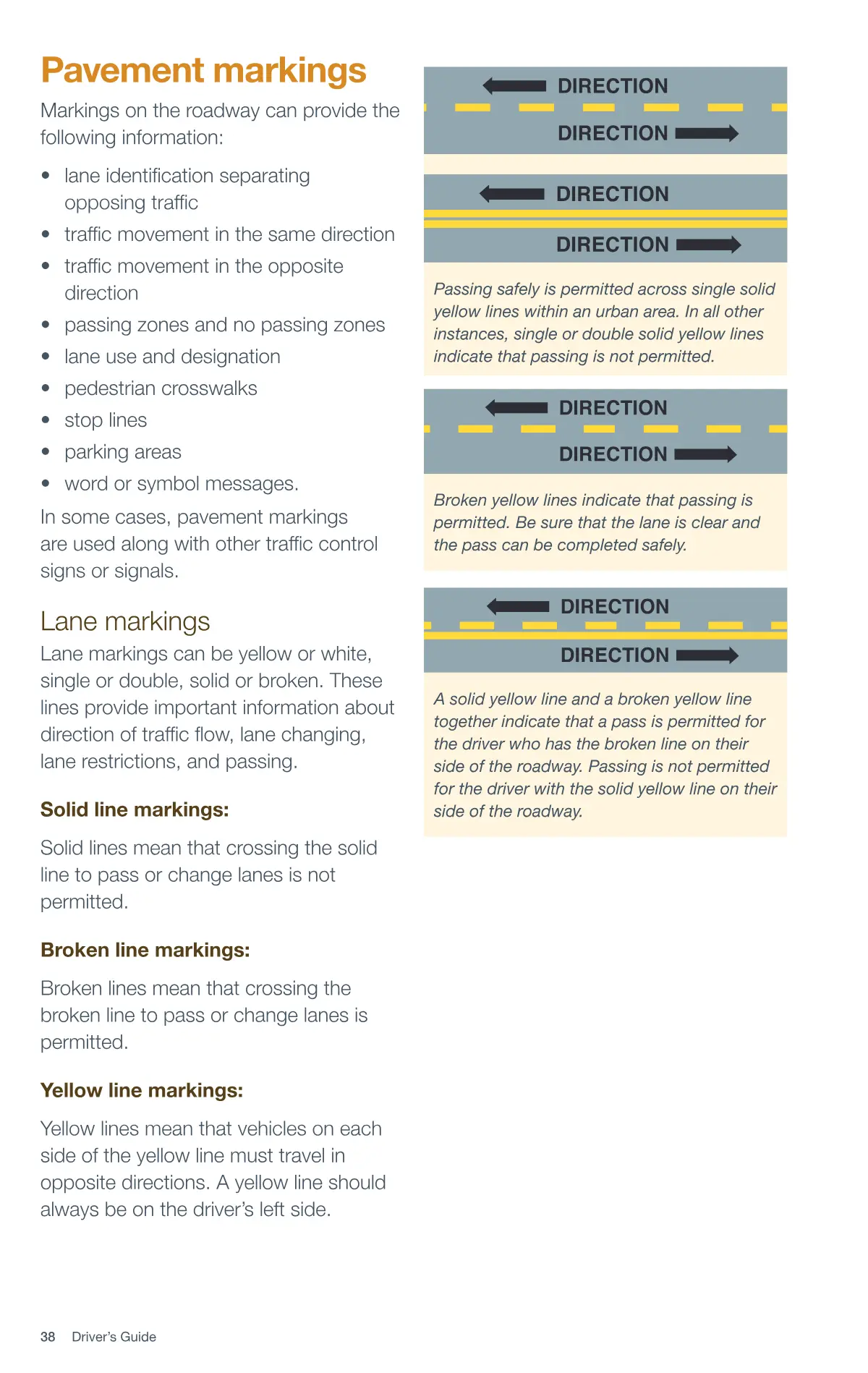 Page 38 of the Alberta Driver’s Guide: Pavement markings; Lane markings.