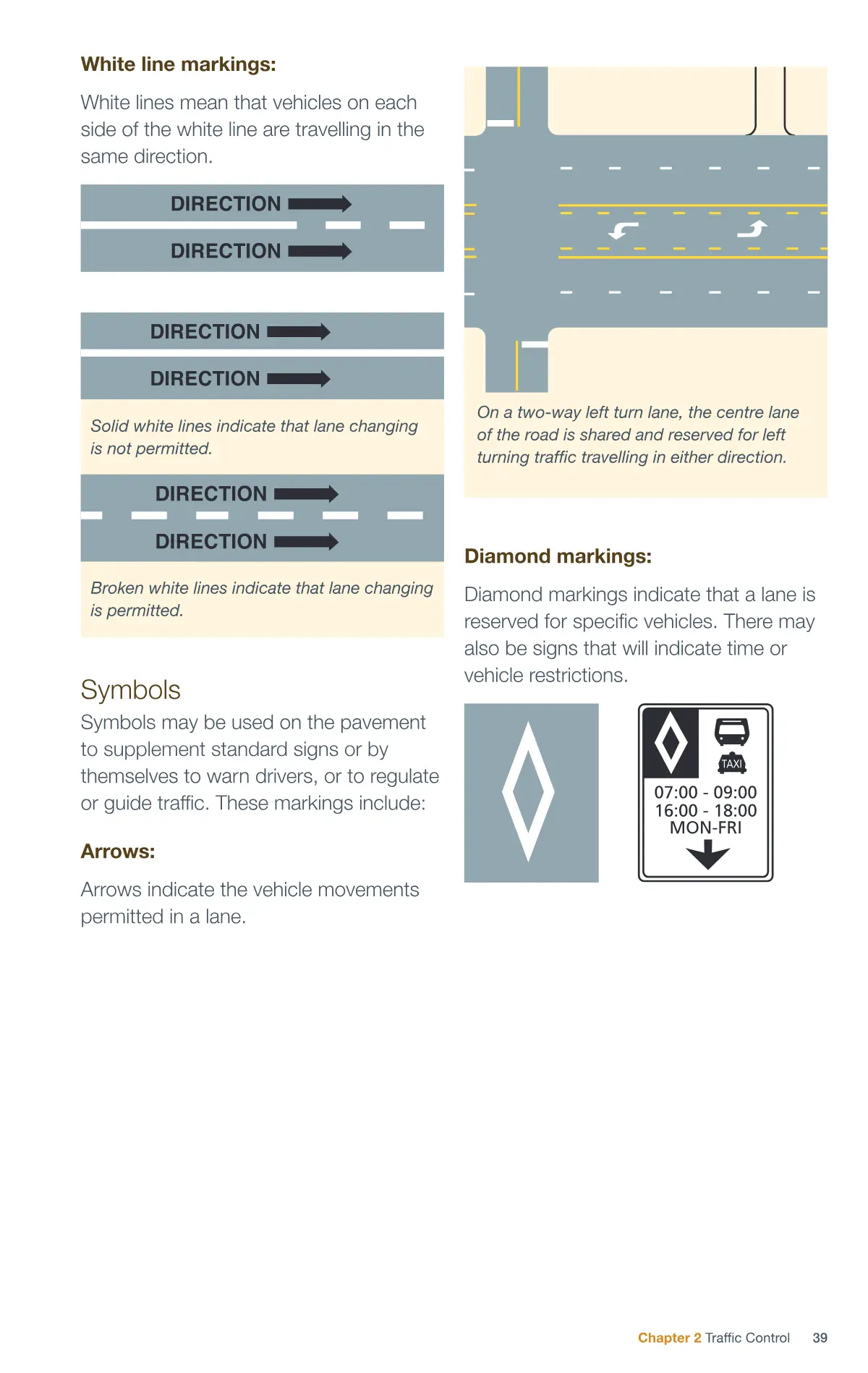 Page 39 of the Alberta Driver’s Guide: Lane markings; Symbols.