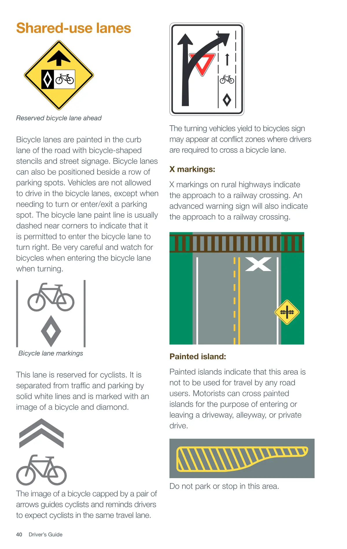 Page 40 of the Alberta Driver’s Guide: Shared-use lanes.