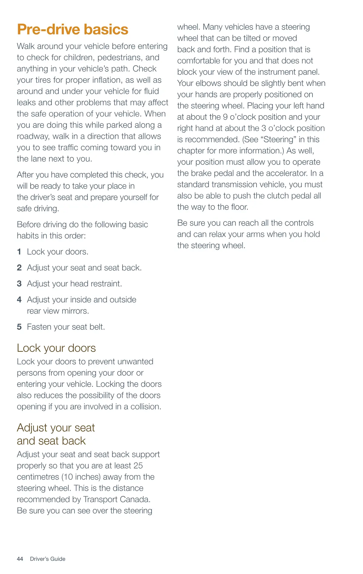 Page 44 of the Alberta Driver’s Guide: Pre-drive basics; Lock your doors; Adjust your seat and seat back.