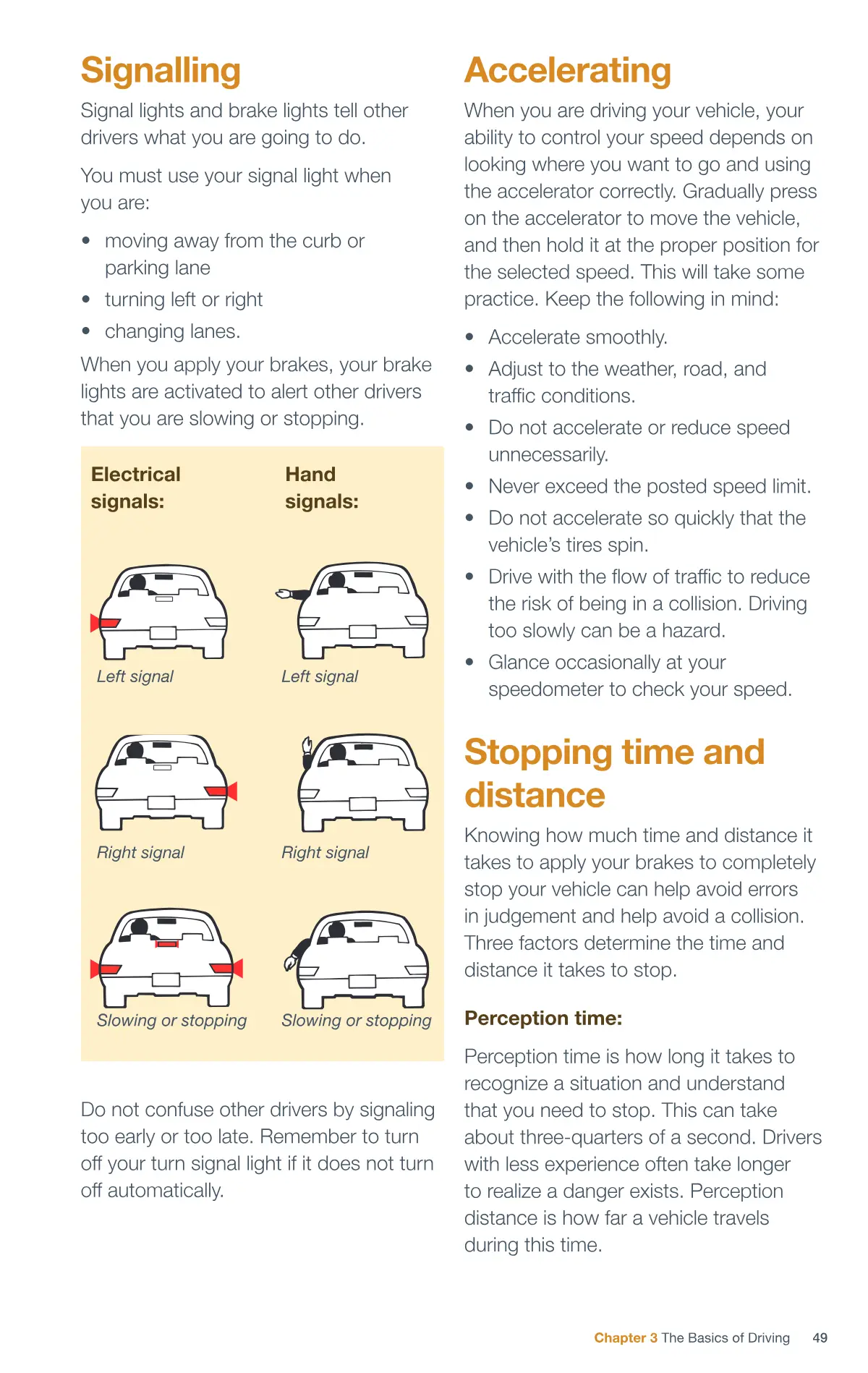 Page 49 of the Alberta Driver’s Guide: Signalling; Accelerating; Stopping time and distance.