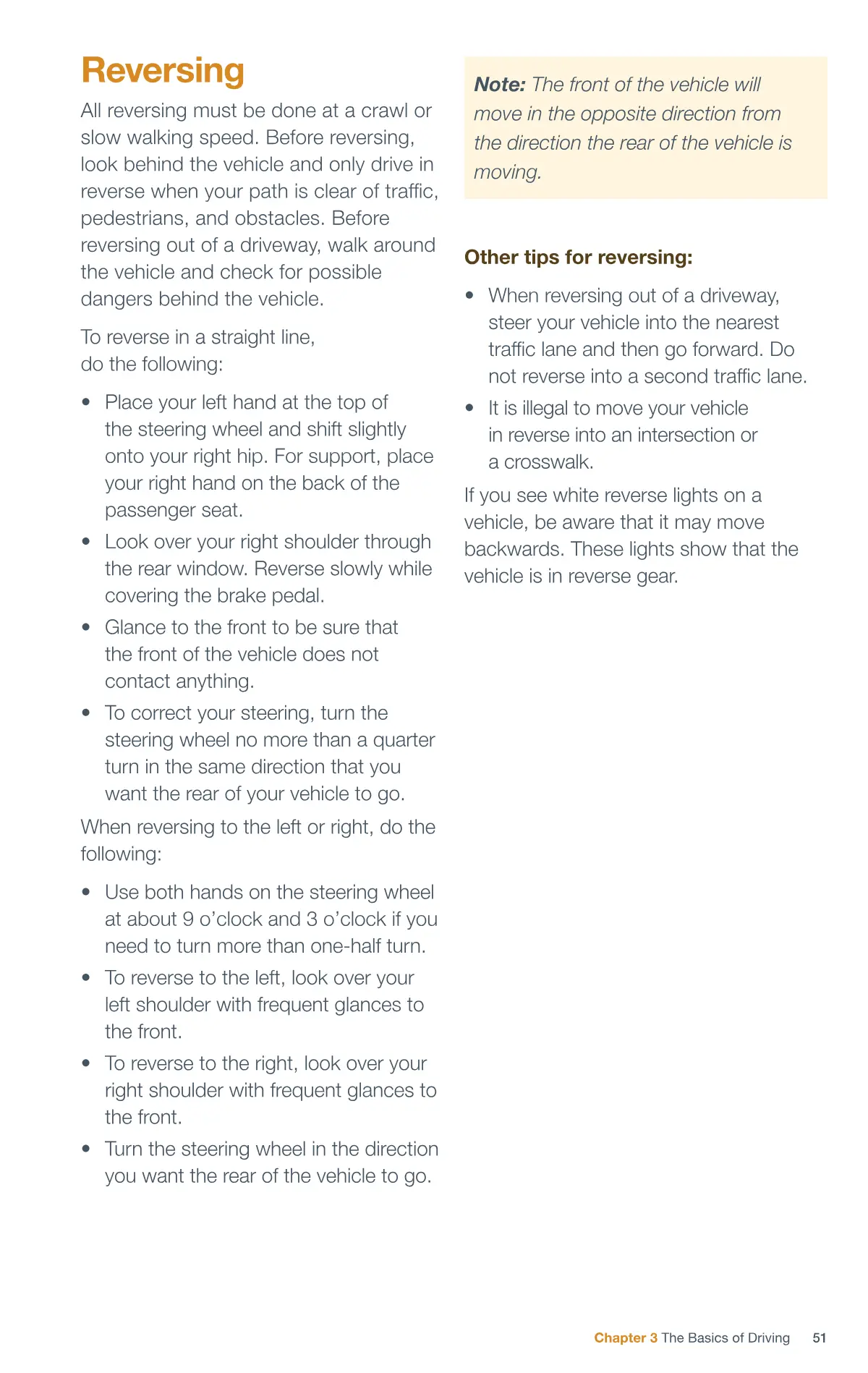 Page 51 of the Alberta Driver’s Guide: Reversing.