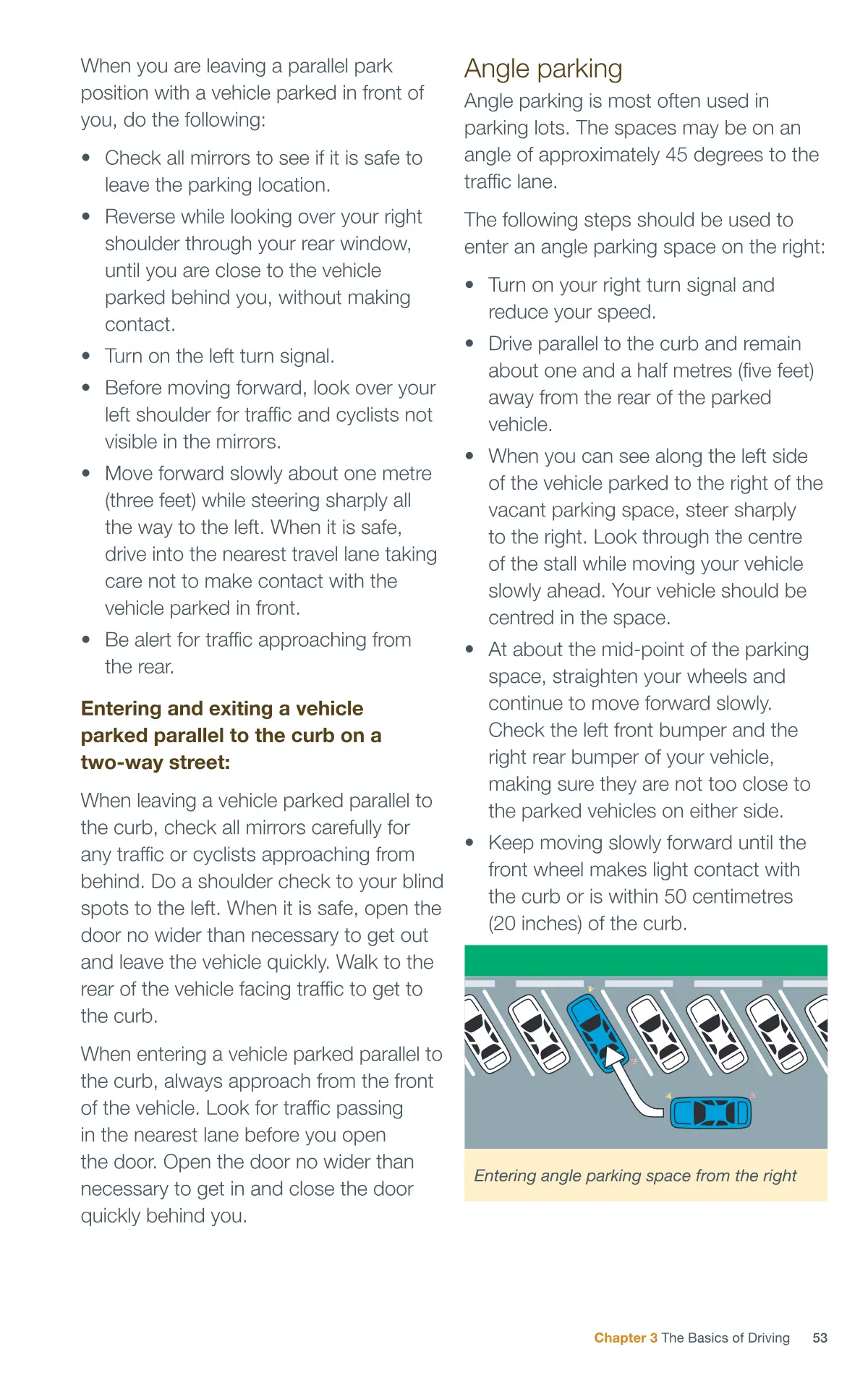 Page 53 of the Alberta Driver’s Guide: Parallel parking; Angle parking.