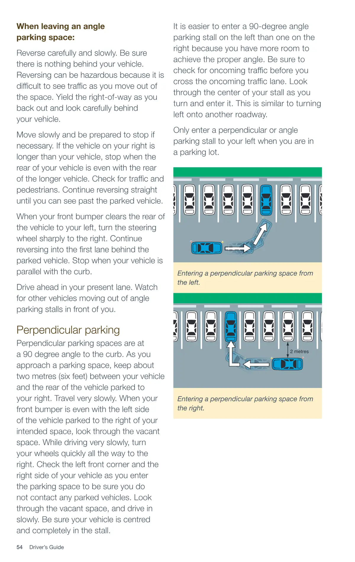 Page 54 of the Alberta Driver’s Guide: Angle parking; Perpendicular parking.