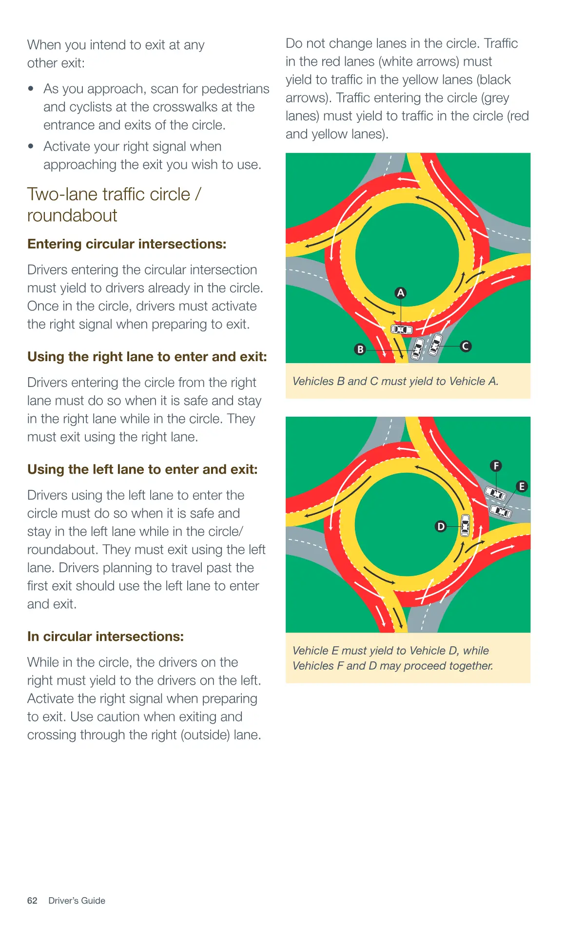 Page 62 of the Alberta Driver’s Guide: One-lane traffic circle / roundabout; Two-lane traffic circle / roundabout.