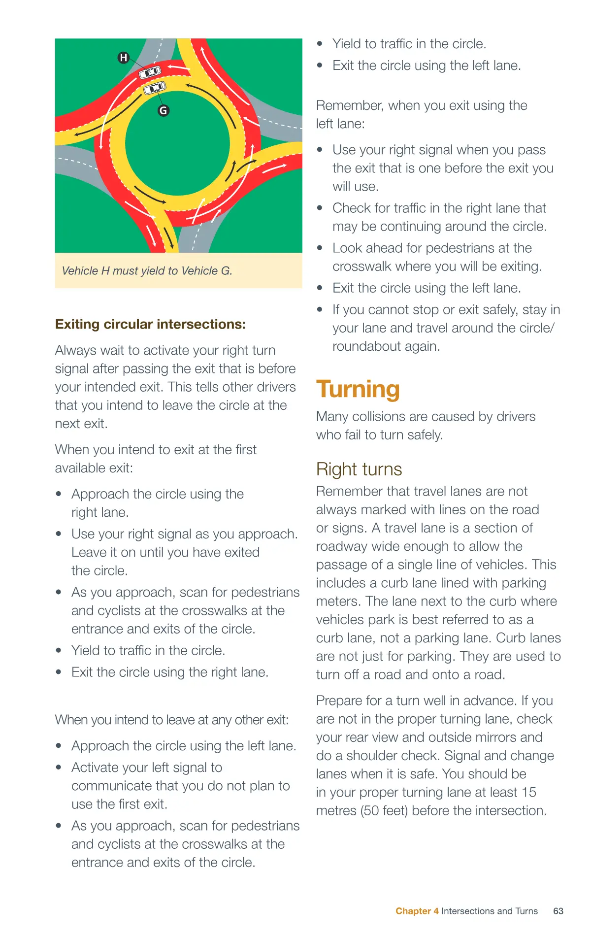 Page 63 of the Alberta Driver’s Guide: Two-lane traffic circle / roundabout; Turning; Right turns.