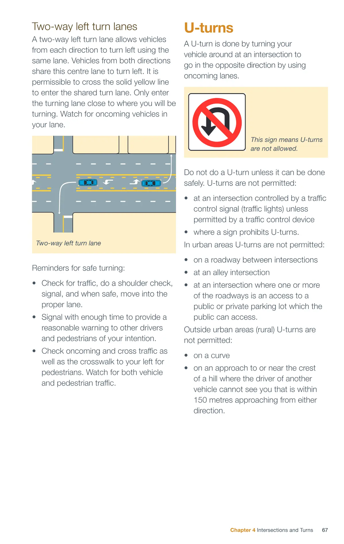 Page 67 of the Alberta Driver’s Guide: Two-way left turn lanes; U-turns.