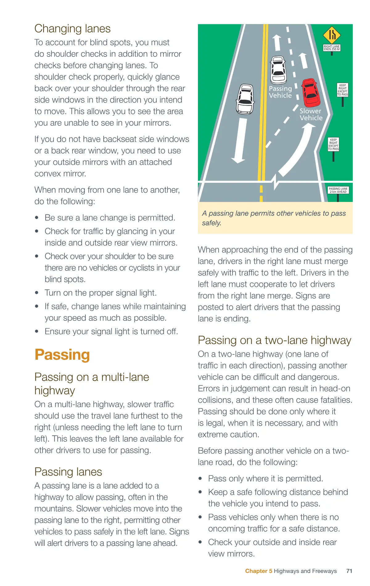 Page 71 of the Alberta Driver’s Guide: Changing lanes; Passing on a multi-lane highway; Passing lanes; Passing on a two-lane highway.