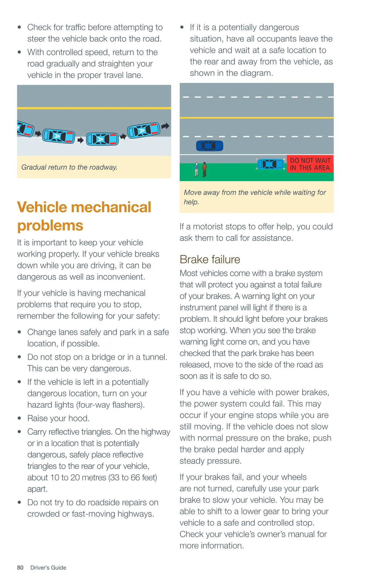 Page 80 of the Alberta Driver’s Guide: Off-road recovery; Vehicle mechanical problems; Brake failure.