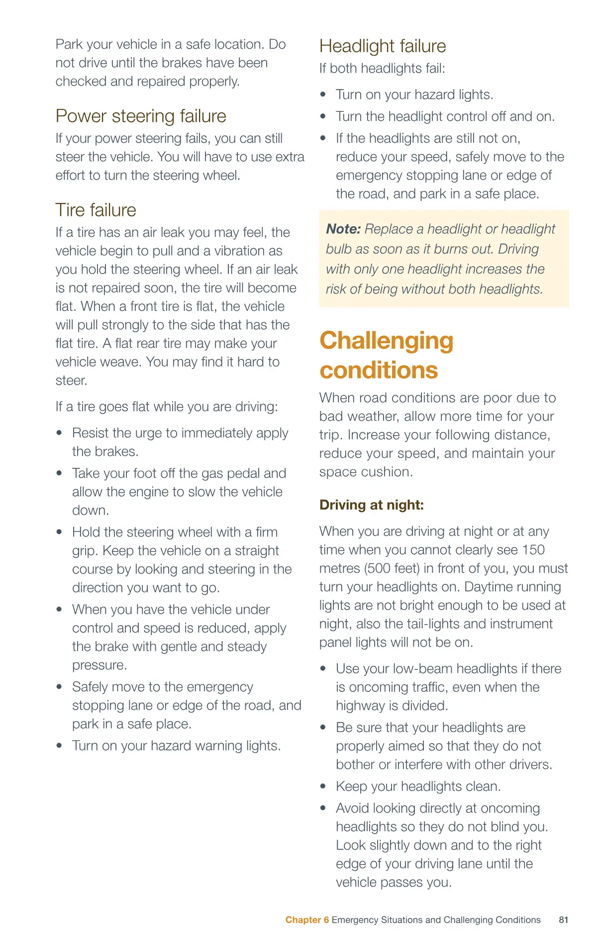 Page 81 of the Alberta Driver’s Guide: Brake failure; Power steering failure; Tire failure; Headlight failure; Challenging conditions.
