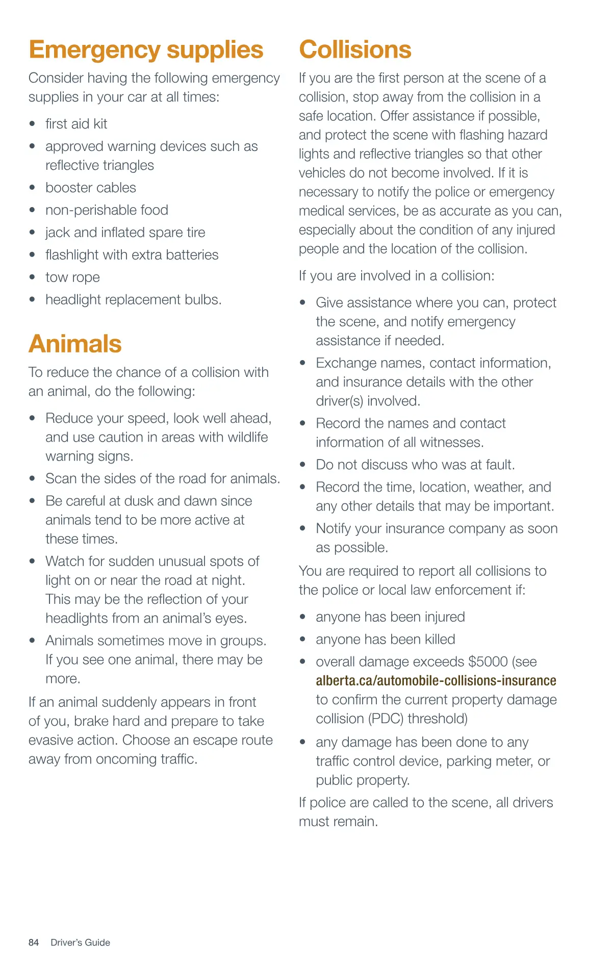 Page 84 of the Alberta Driver’s Guide: Emergency supplies; Animals; Collisions.