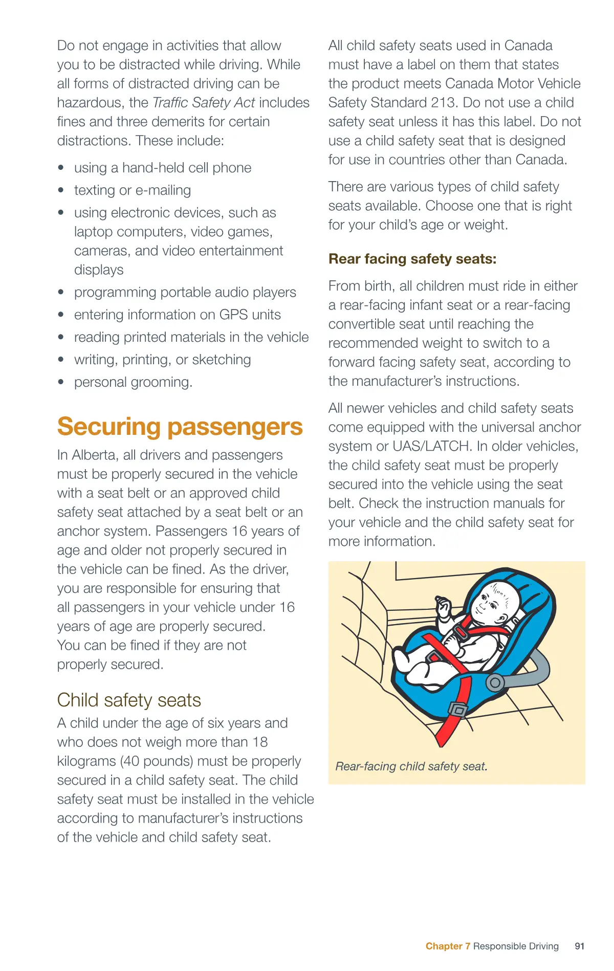 Page 91 of the Alberta Driver’s Guide: Cellular phones and other distractions; Securing passengers; Child safety seats.