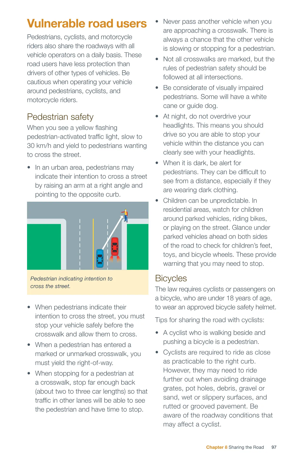 Page 97 of the Alberta Driver’s Guide: Vulnerable road users; Pedestrian safety; Bicycles.