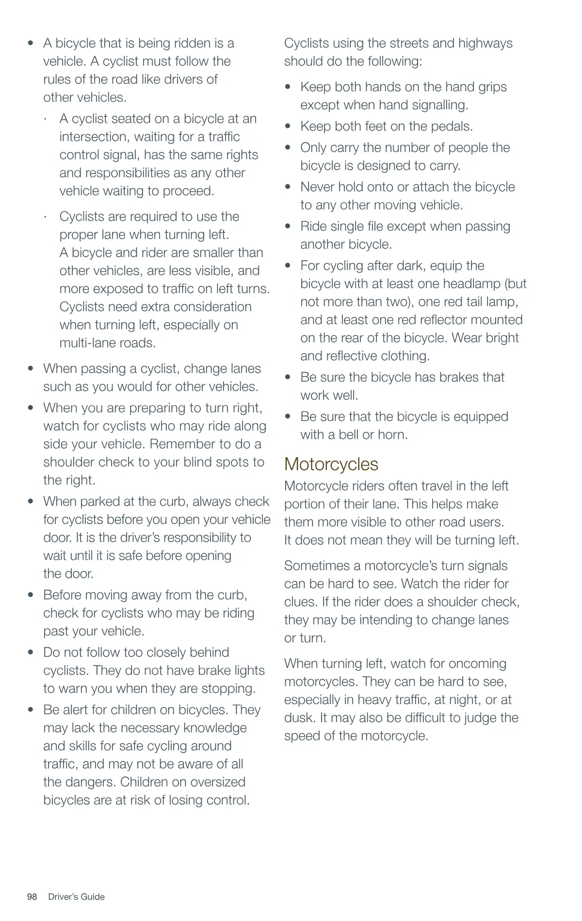 Page 98 of the Alberta Driver’s Guide: Bicycles; Motorcycles.