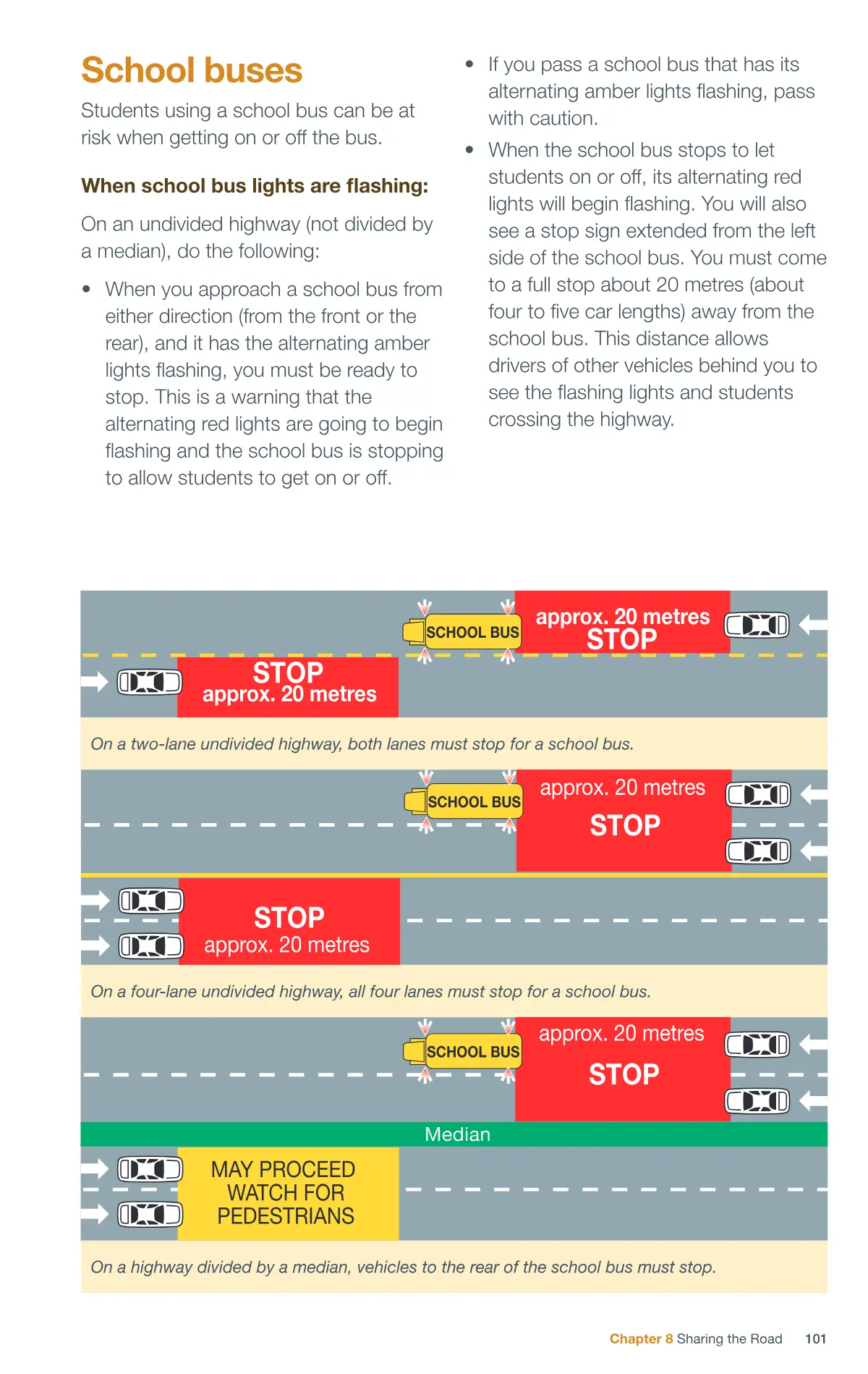 Page 101 of the Alberta Driver’s Guide: School buses.