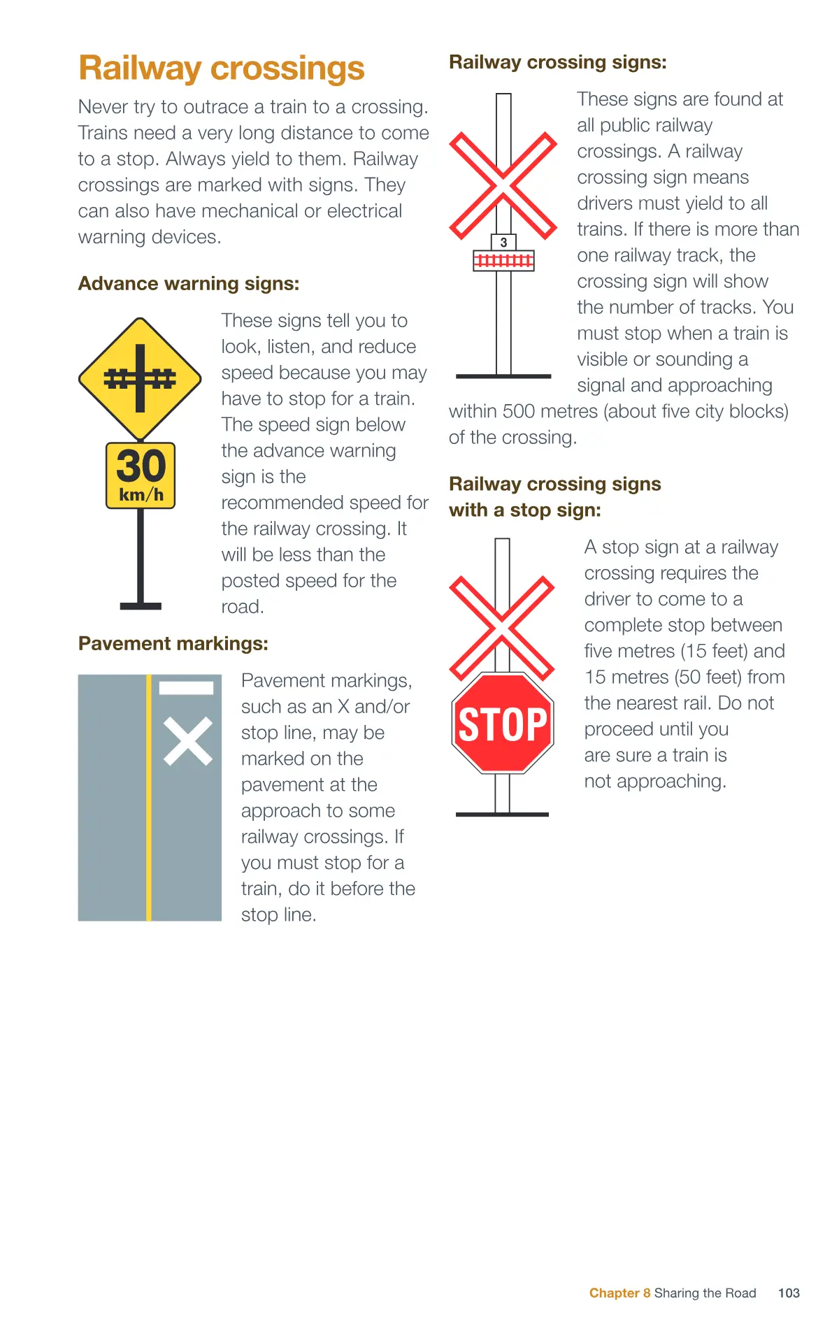 Page 103 of the Alberta Driver’s Guide: Railway crossings.