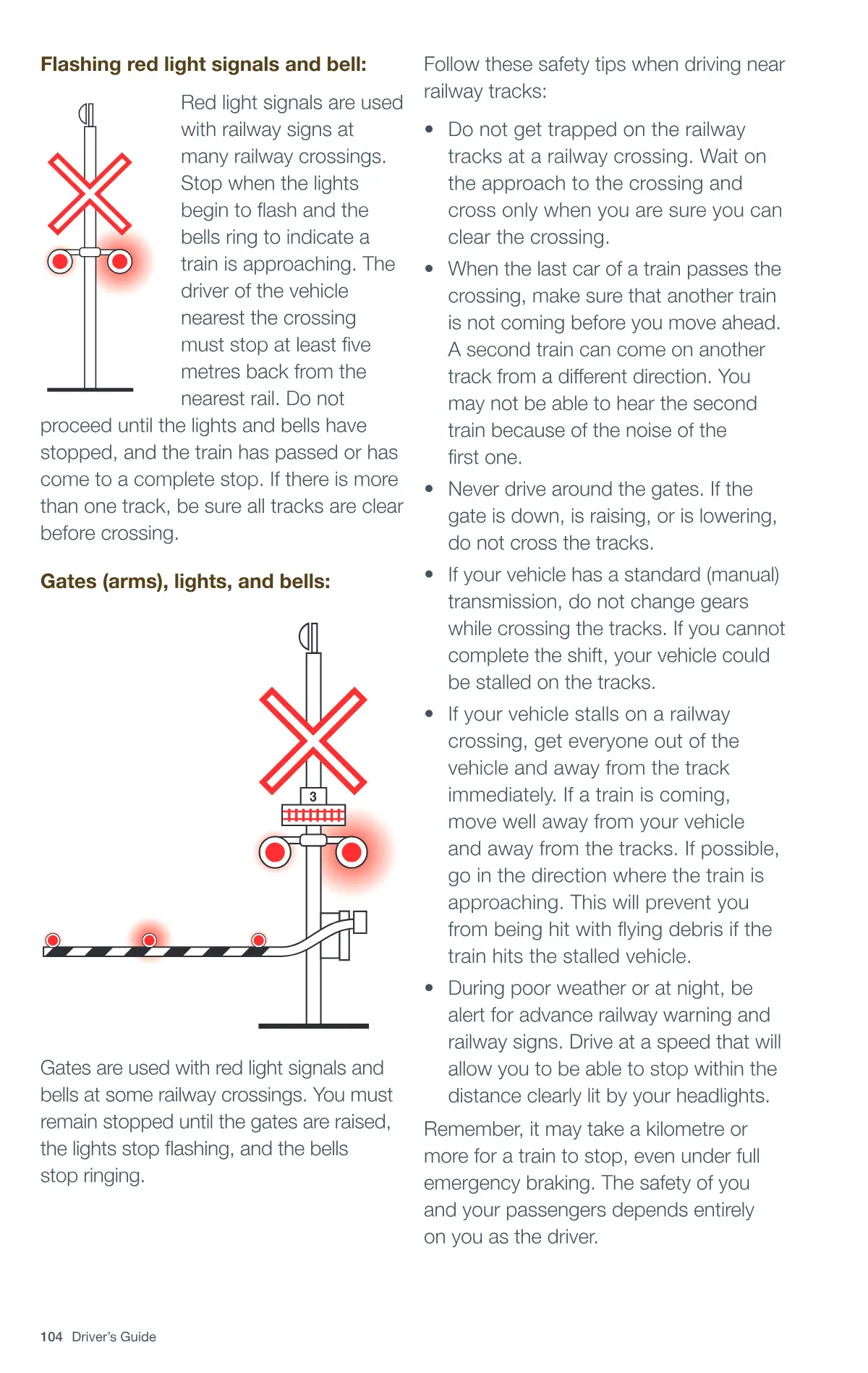 Page 104 of the Alberta Driver’s Guide: Railway crossings.