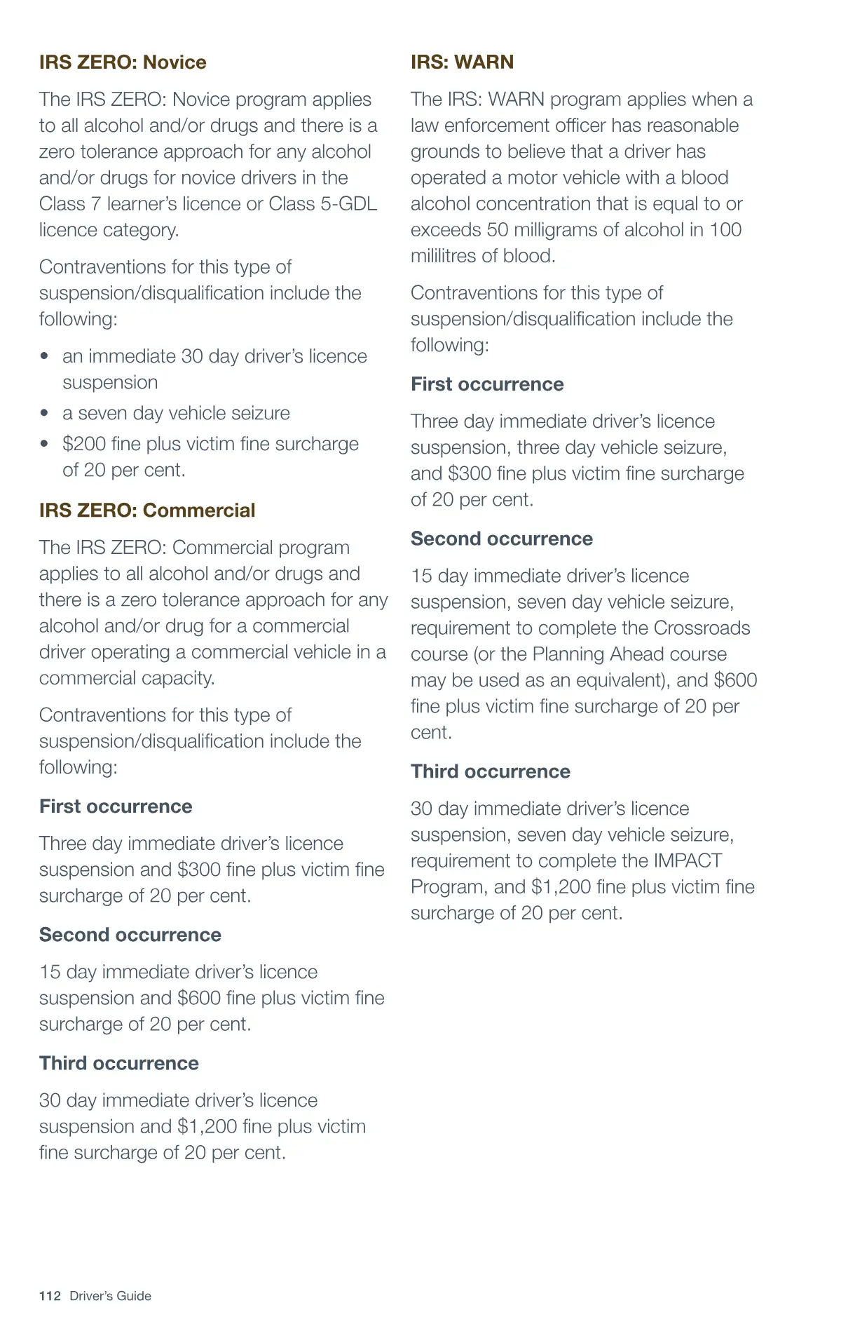 Page 112 of the Alberta Driver’s Guide: Immediate Roadside Sanctions (IRS) Program.