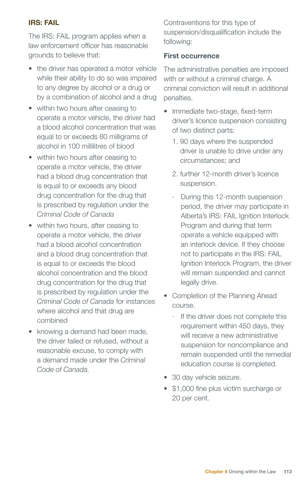Page 113 of the Alberta Driver’s Guide: Immediate Roadside Sanctions (IRS) Program.