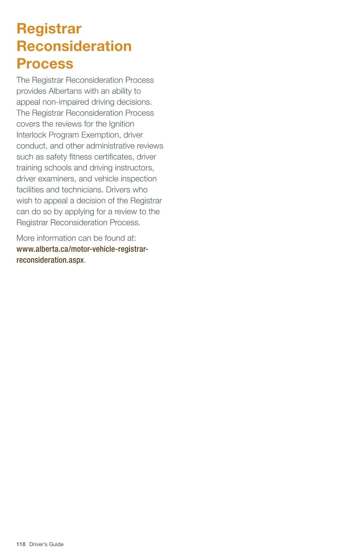 Page 118 of the Alberta Driver’s Guide: Registrar Reconsideration Process.