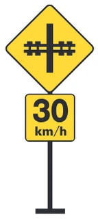 Railway advance warning sign with recommended speed sign sign from the Driver’s Guide