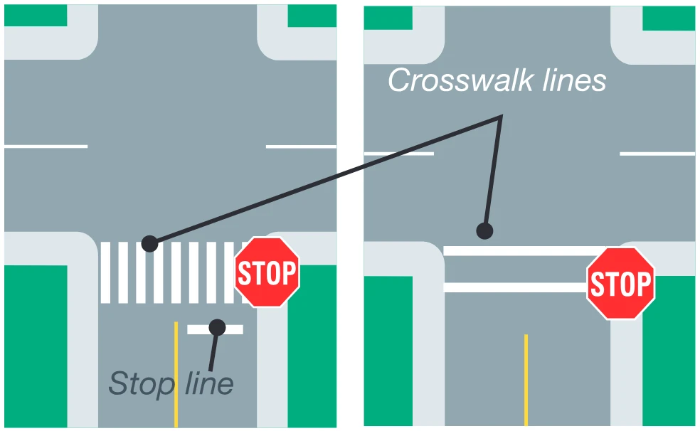 Crosswalk lines and stop line diagram from the Driver’s Guide