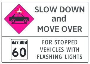 Slow down and move over: maximum 60 for stopped vehicles with flashing lights sign from the Driver’s Guide