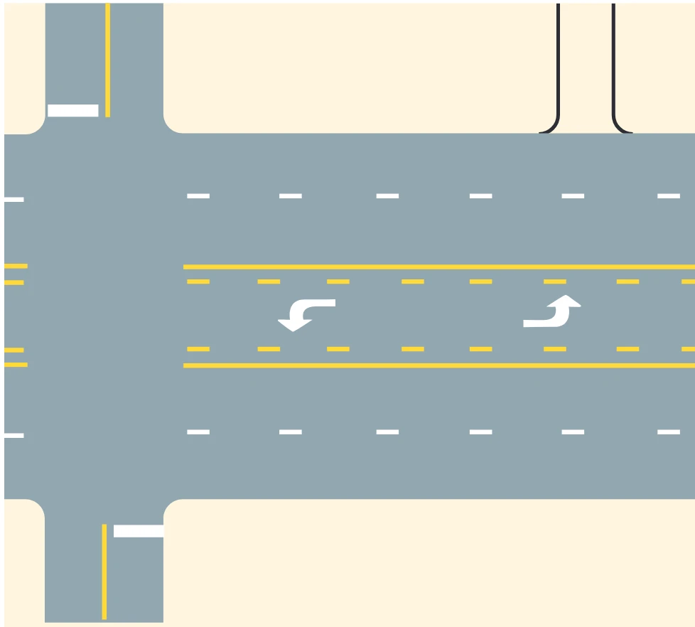 Two-way left turn lane markings diagram from the Driver’s Guide