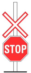 Railway crossing sign with a stop sign sign from the Driver’s Guide